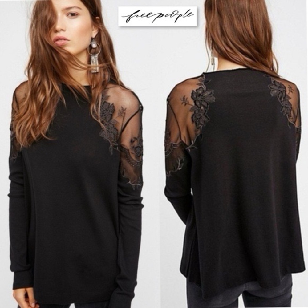 Free People Black Lace Detail Blouse